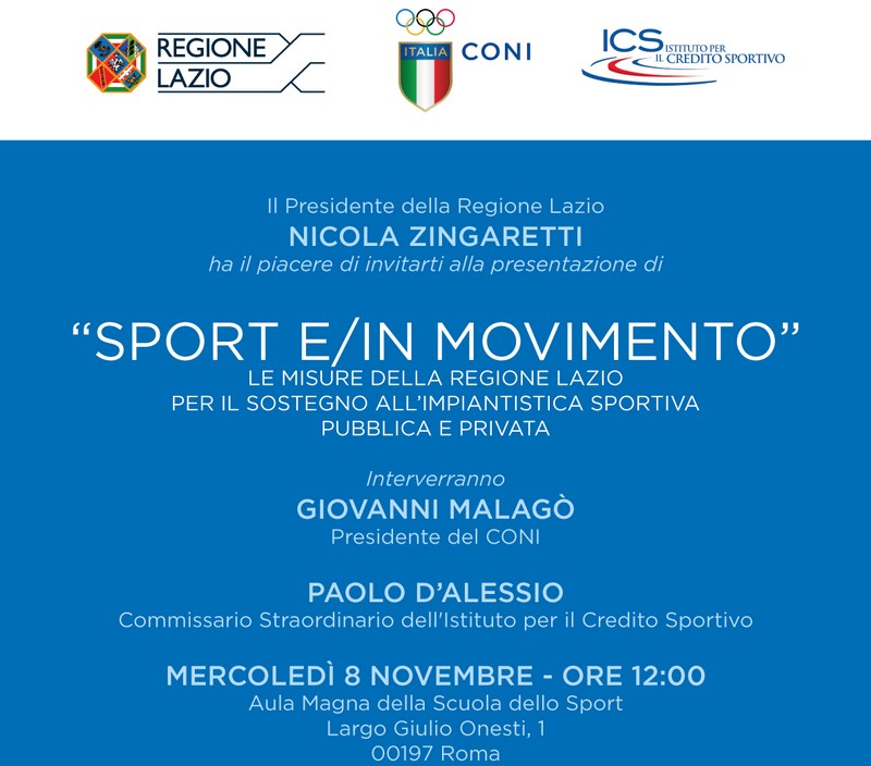 L'8 novembre presentazione della convenzione Regione Lazio-CONI-ICS "Sport e/in movimento"