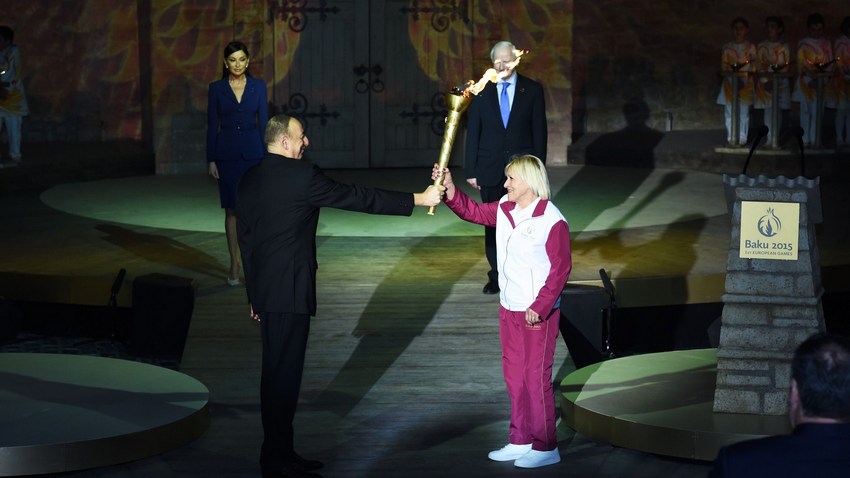The President of the Republic of Azerbaijan Ilham Aliyev captured the official flame of the Baku 2015